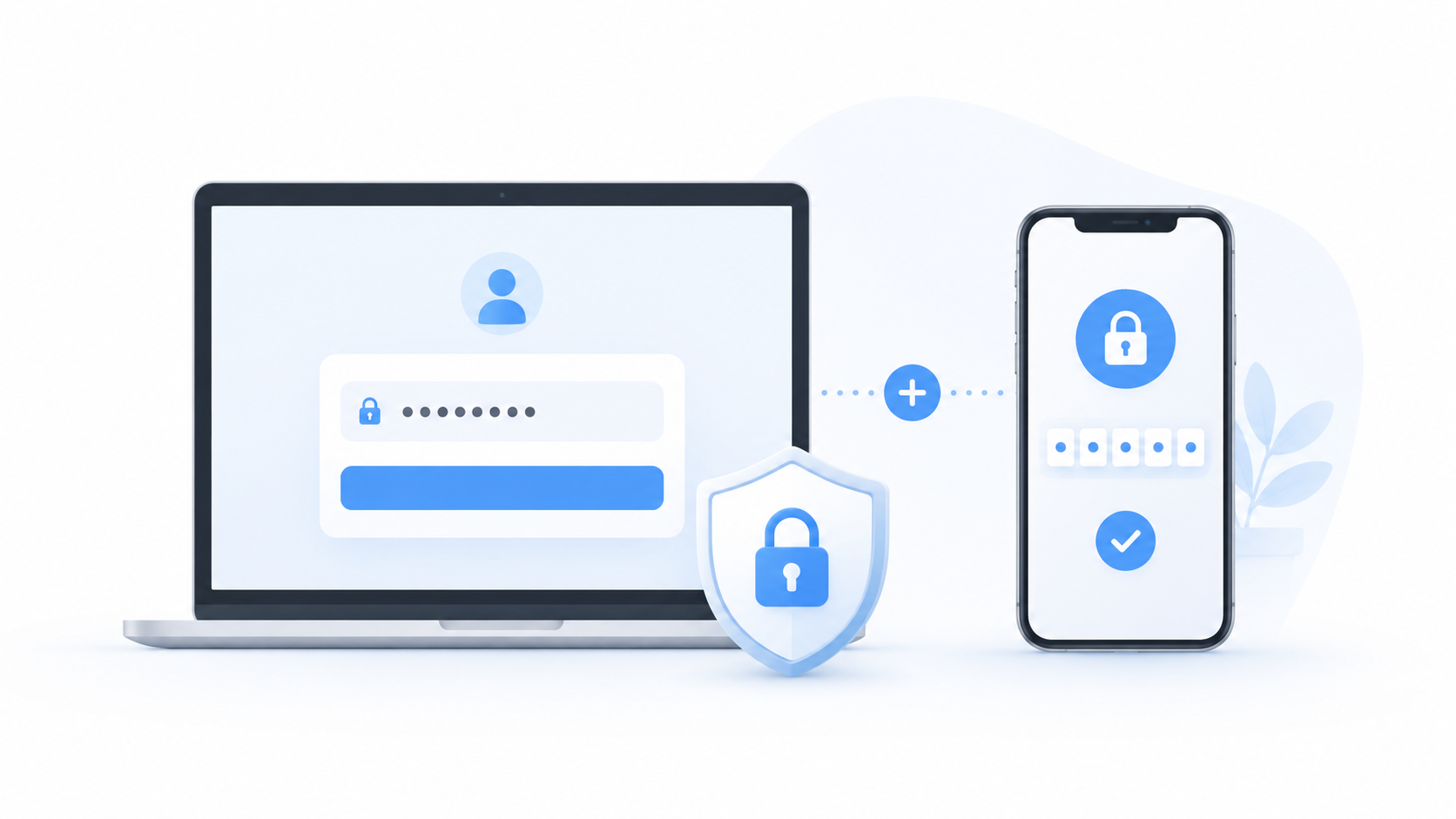 Notebook com tela de login e celular com verificação em duas etapas representando autenticação de dois fatores.