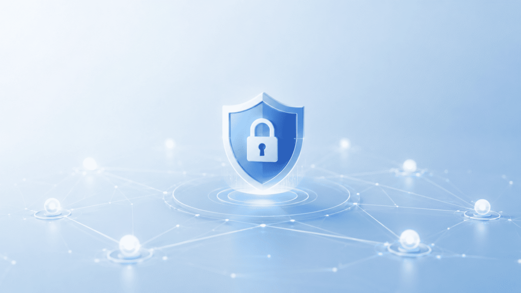 Ilustração de escudo digital com cadeado representando o conceito de cybersegurança.
