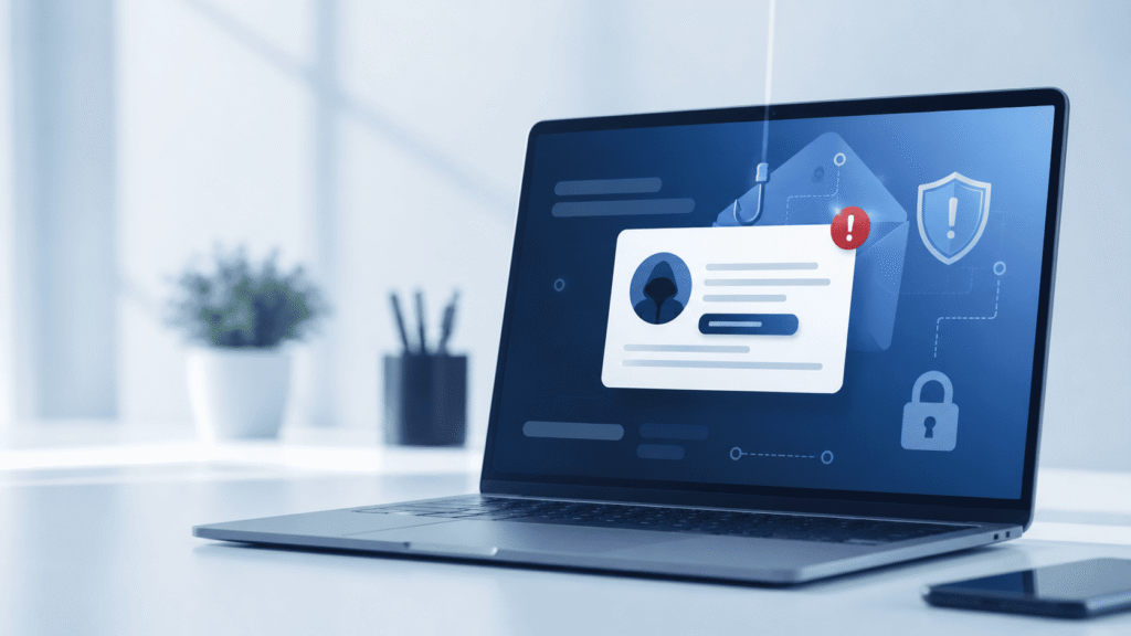 Laptop com alertas de segurança digital representando phishing, malware e outras ameaças cibernéticas.
