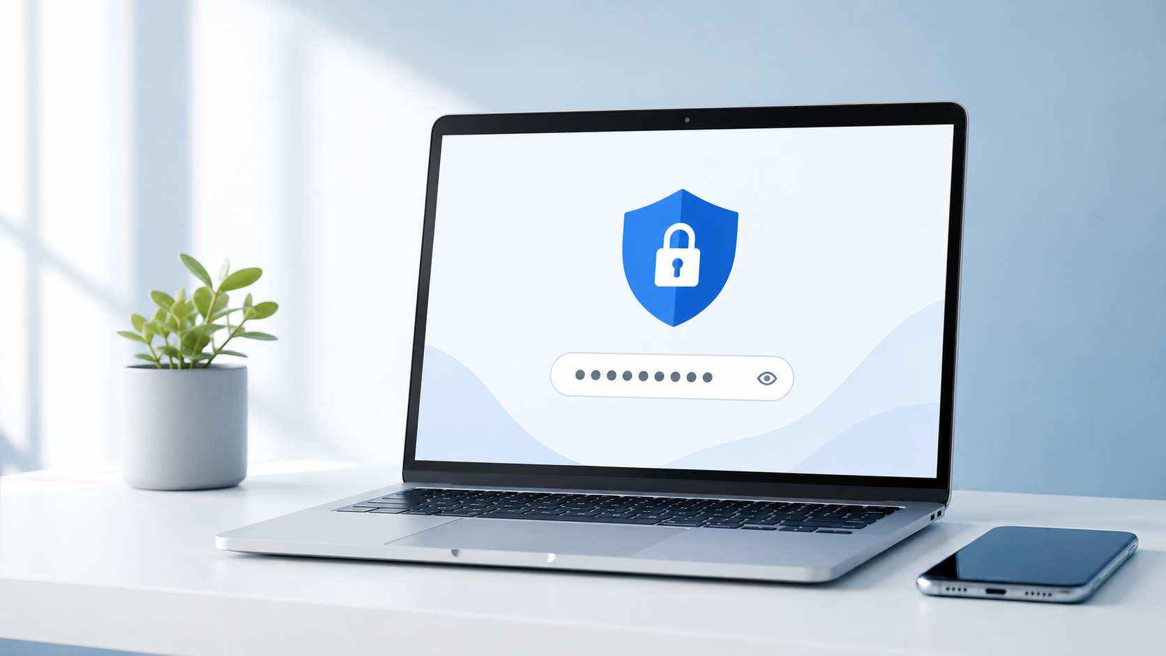 Imagem sobre senhas fortes com notebook, cadeado digital e elementos de proteção de contas online.