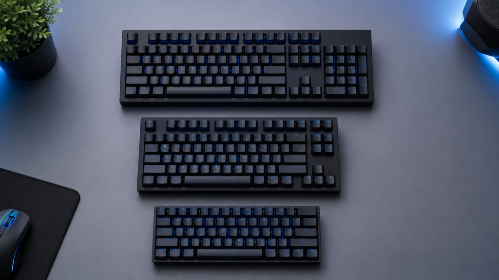 Três teclados gamer de tamanhos diferentes representando modelos full-size, TKL e compacto.