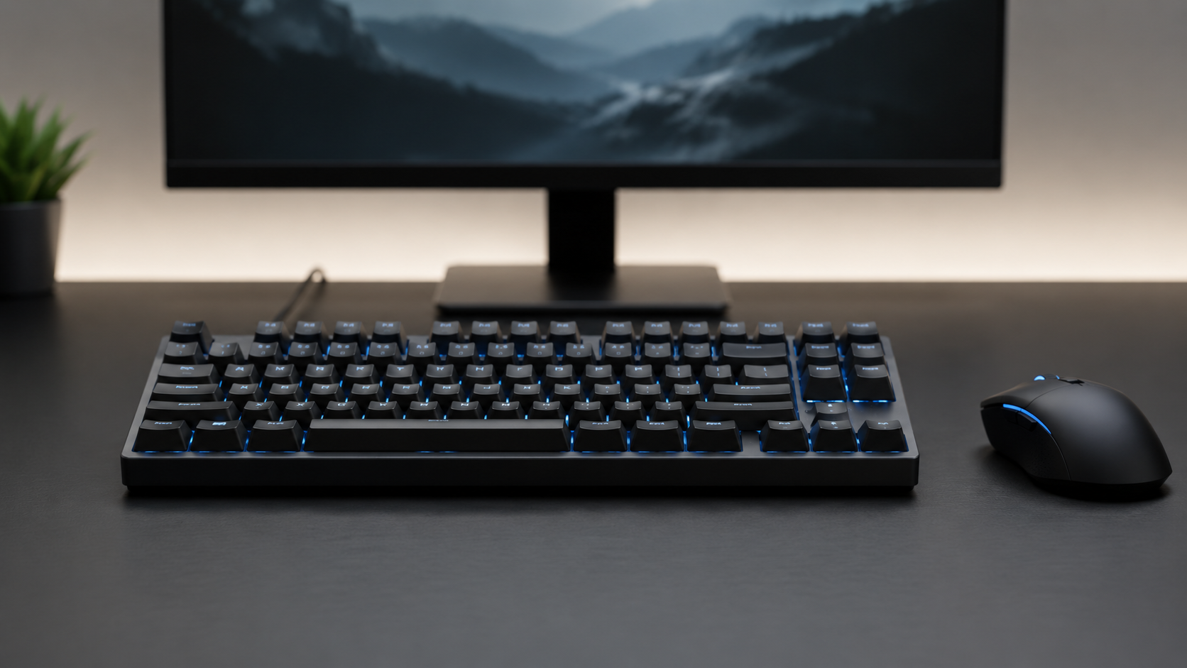 Teclado mecânico gamer em uma mesa clean com mouse e monitor, representando escolha de periférico para jogos.