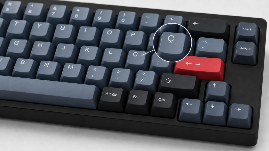 Teclado ABNT2 destacando a tecla Ç para digitação em português.