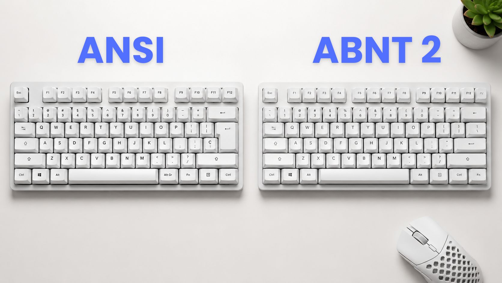 Teclado ABNT2 ou ANSI lado a lado mostrando diferenças no layout, tecla Ç e formato da tecla Enter.
