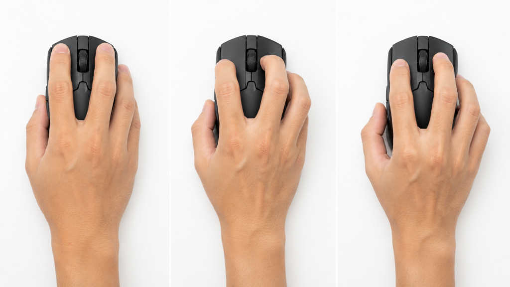 três tipos de pegada de mouse gamer: palm, claw e fingertip