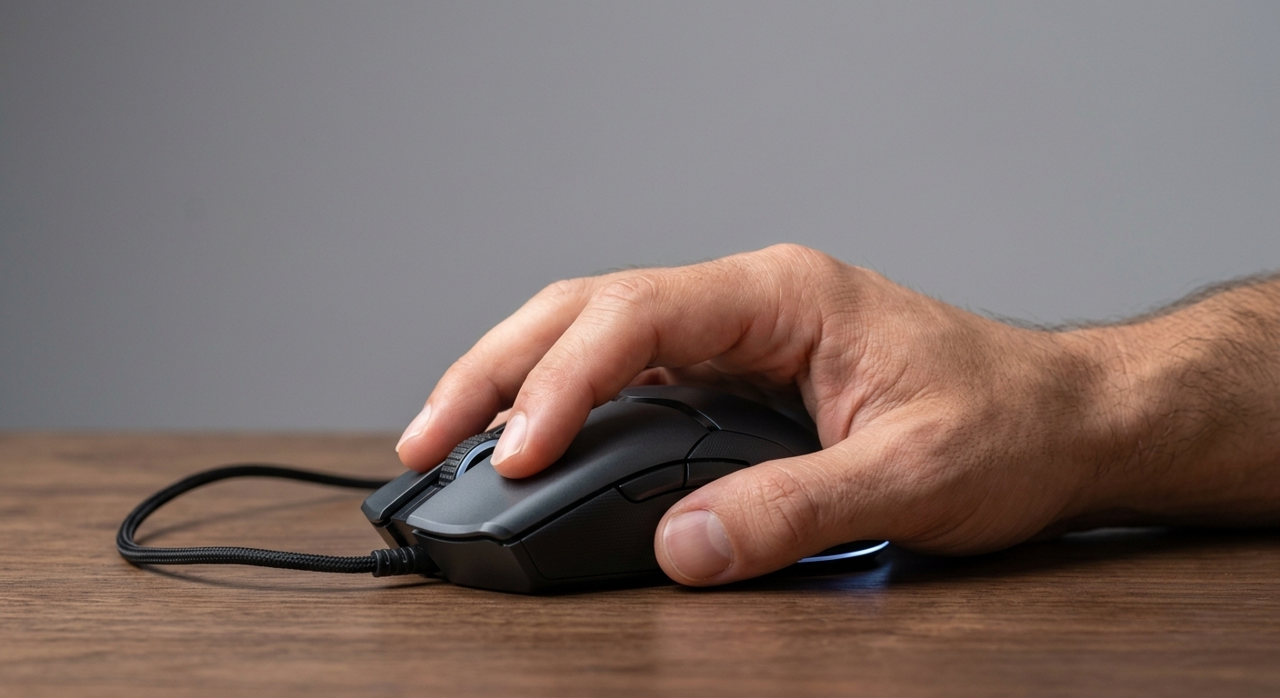 pegada de mouse mão segurando o mouse
