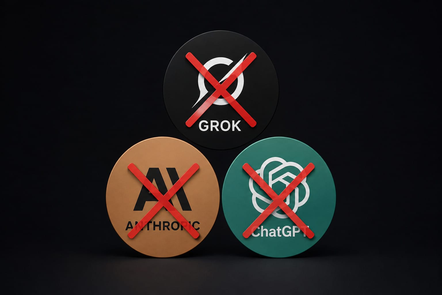 ChatGPT, Claude e Grok representados em três círculos com X vermelho, indicando indisponibilidade simultânea dos serviços.
