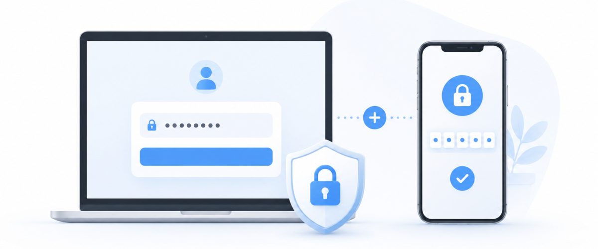 Notebook com tela de login e celular com verificação em duas etapas representando autenticação de dois fatores.