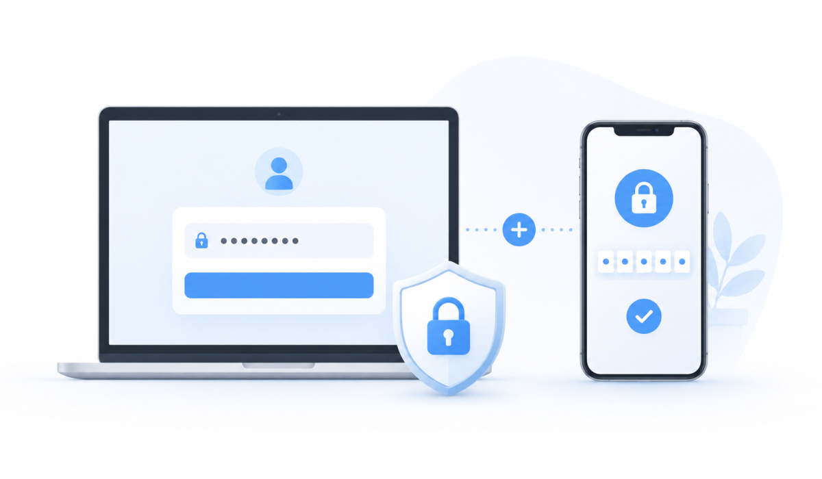 Notebook com tela de login e celular com verificação em duas etapas representando autenticação de dois fatores.