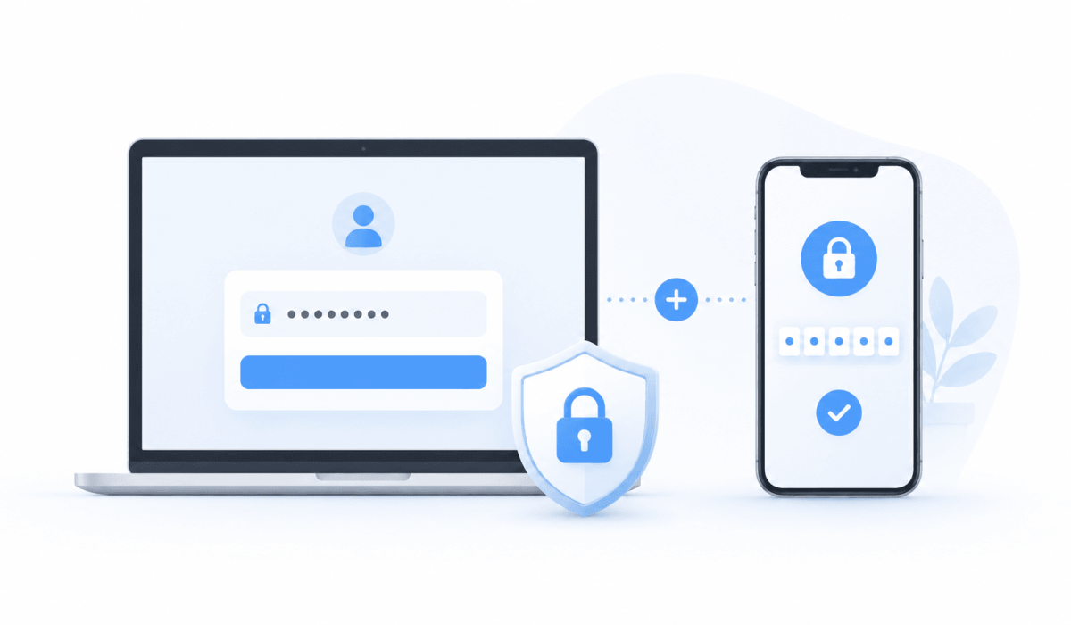 Notebook com tela de login e celular com verificação em duas etapas representando autenticação de dois fatores.
