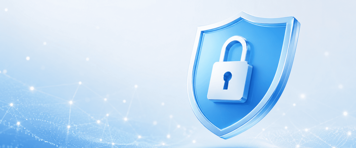 Ilustração de escudo digital com cadeado representando o conceito de cybersegurança.