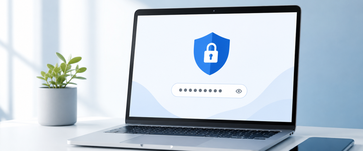 Imagem sobre senhas fortes com notebook, cadeado digital e elementos de proteção de contas online.