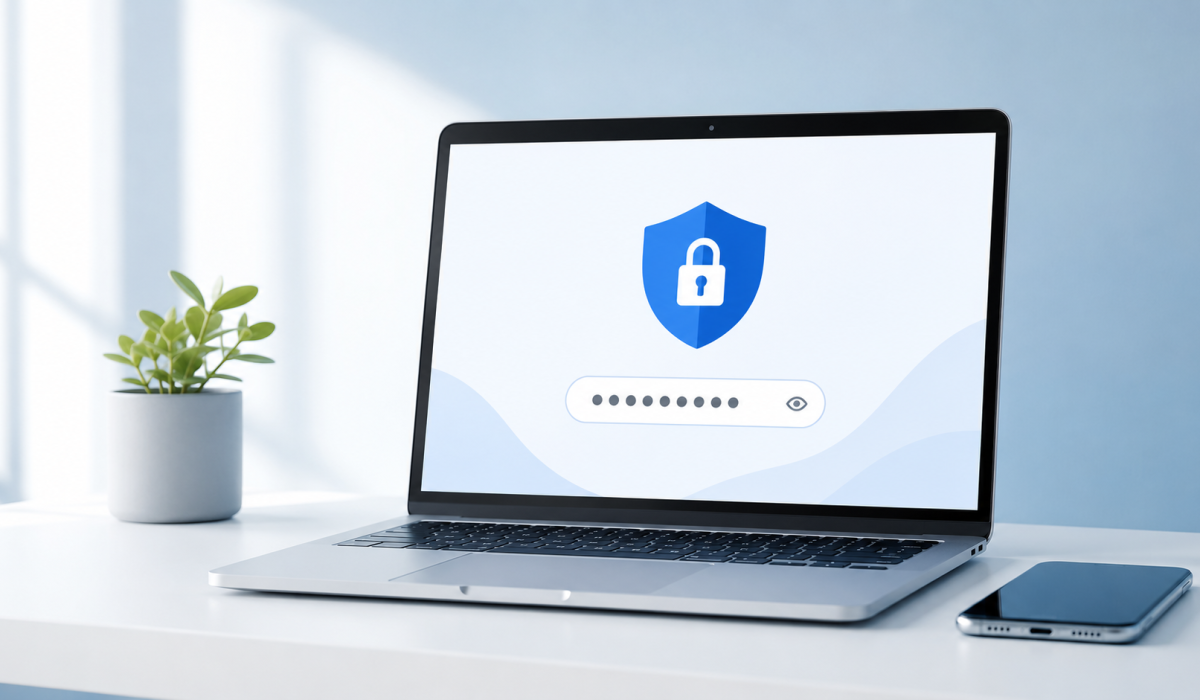 Imagem sobre senhas fortes com notebook, cadeado digital e elementos de proteção de contas online.