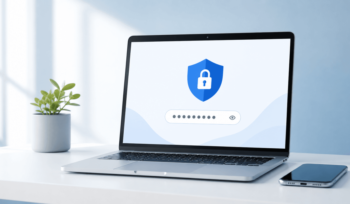 Imagem sobre senhas fortes com notebook, cadeado digital e elementos de proteção de contas online.