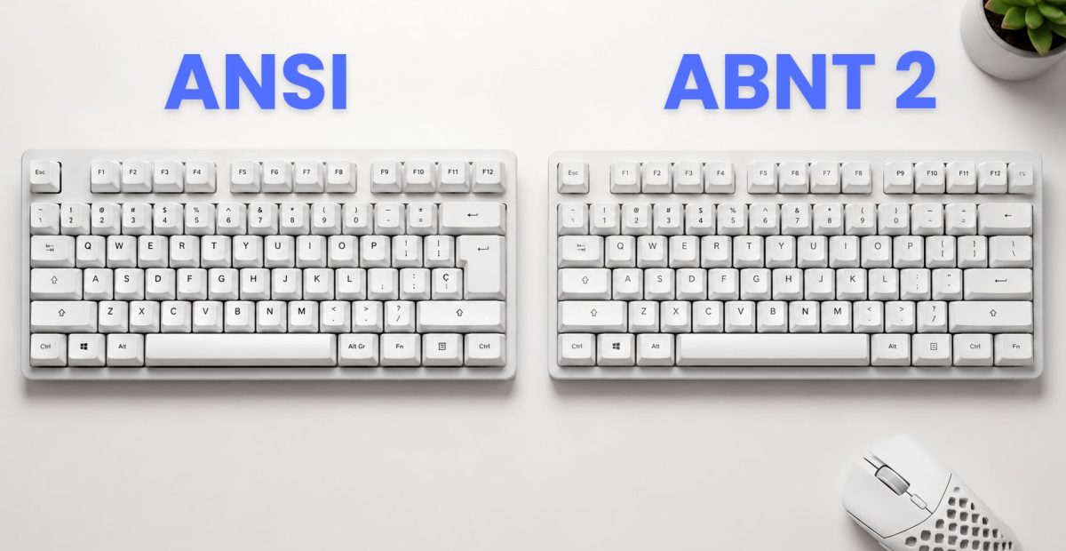Teclado ABNT2 ou ANSI lado a lado mostrando diferenças no layout, tecla Ç e formato da tecla Enter.
