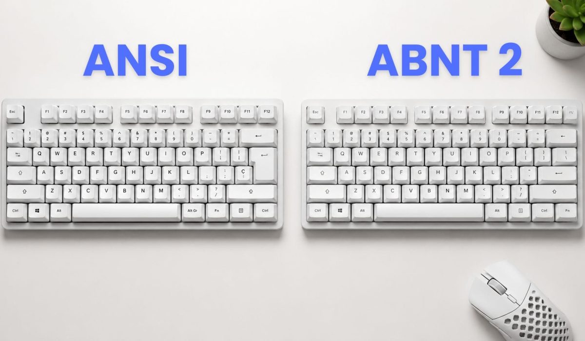 Teclado ABNT2 ou ANSI lado a lado mostrando diferenças no layout, tecla Ç e formato da tecla Enter.