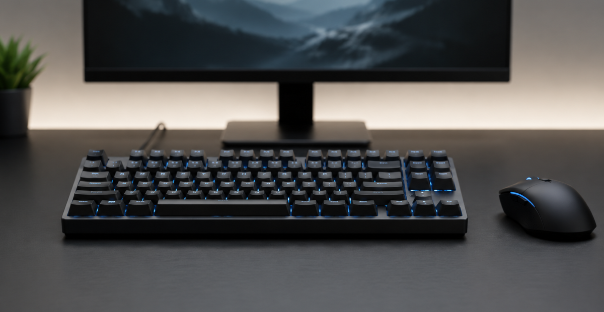 Teclado mecânico gamer em uma mesa clean com mouse e monitor, representando escolha de periférico para jogos.