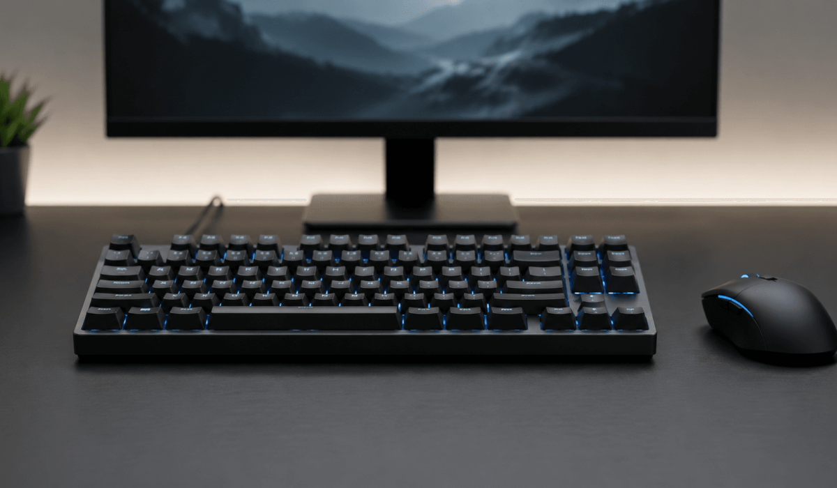 Teclado mecânico gamer em uma mesa clean com mouse e monitor, representando escolha de periférico para jogos.