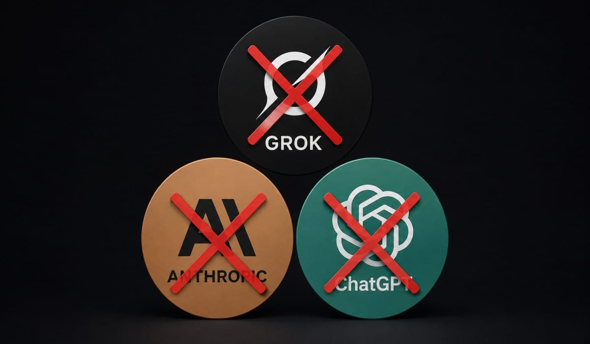 ChatGPT, Claude e Grok representados em três círculos com X vermelho, indicando indisponibilidade simultânea dos serviços.