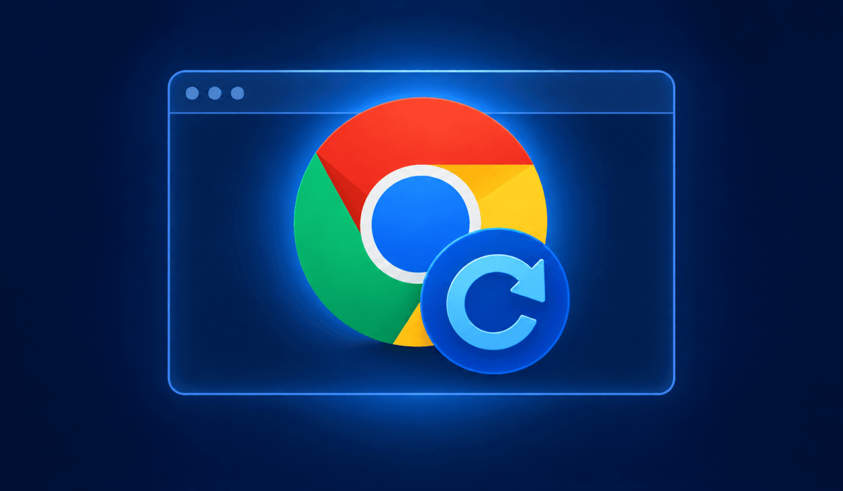 Ilustração do Google Chrome com símbolo de reinício para artigo sobre atualização de segurança.