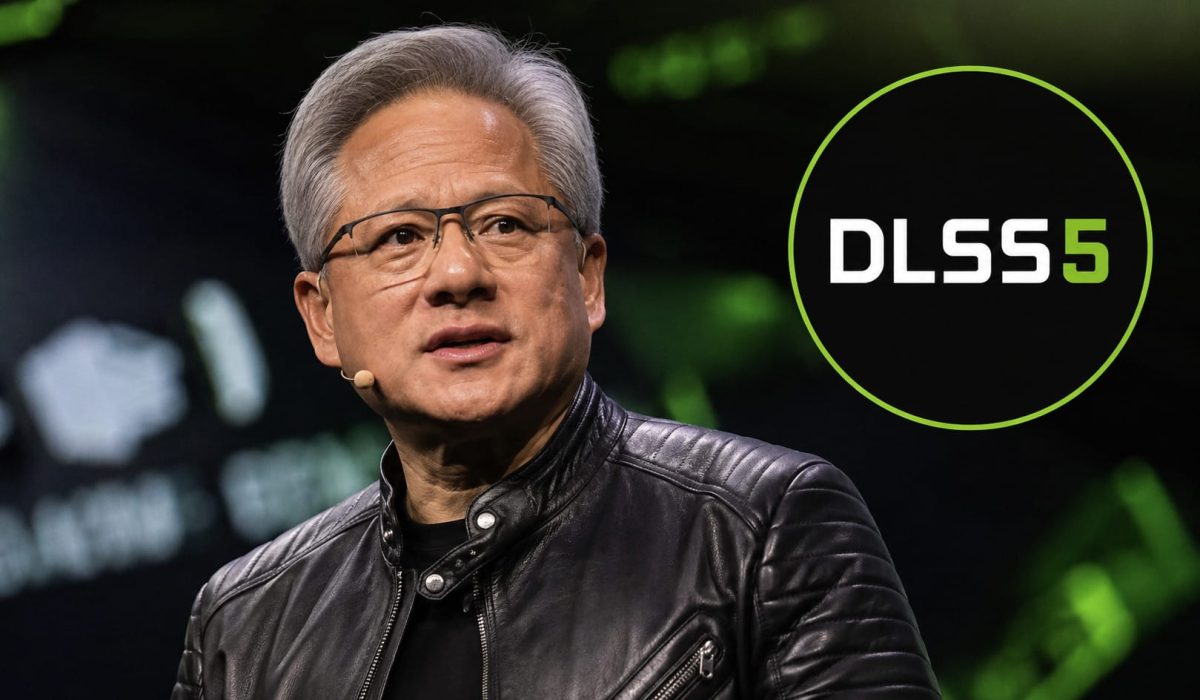 Jensen Huang, CEO da Nvidia, ao lado do destaque DLSS 5 em imagem editorial sobre IA generativa nos jogos