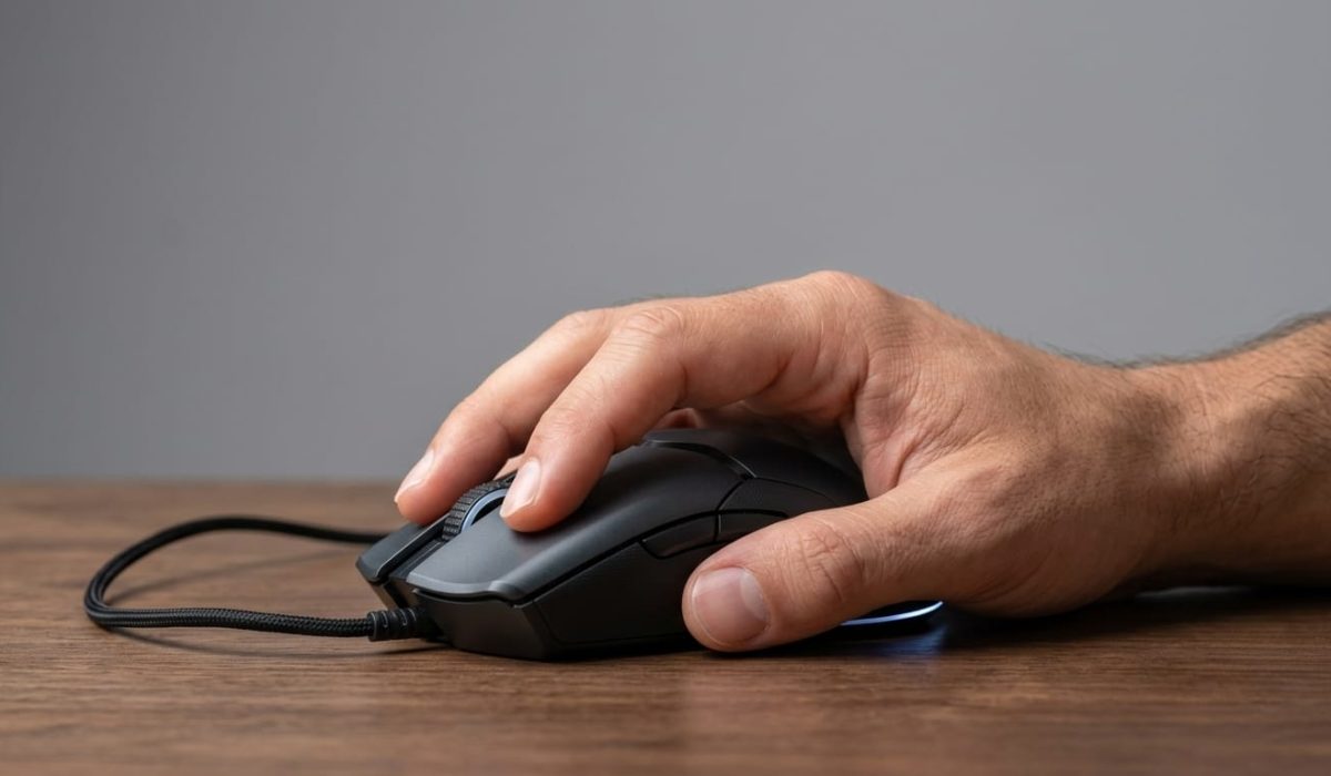 pegada de mouse mão segurando o mouse