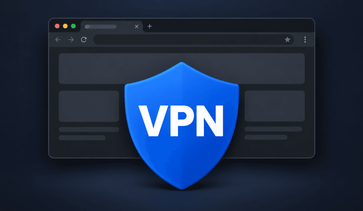 Ilustração de navegador protegido por escudo com a sigla VPN.